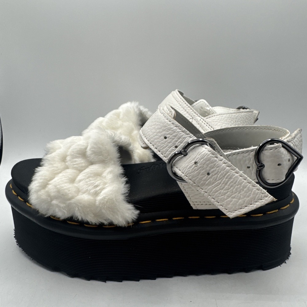 Dr Martens Voss Quad Fluffy Women's 7 Faux Fur Heart White Nappa Sandals - Picture 2 of 6